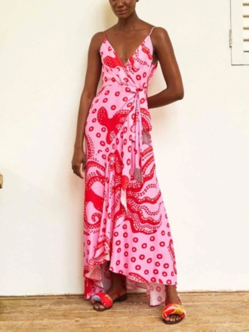 FARM Rio Pink and Red Printed Wrap Maxi Dress